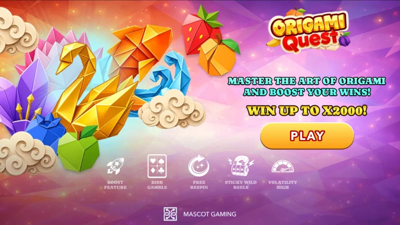 Origami Quest - მთავარი ეკრანი დაწნული ბარაბნებით და ორიგამის სიმბოლოებით